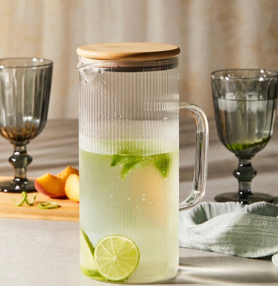 Nordic Inspired Glass Jug with Bamboo Lid 1.2L
