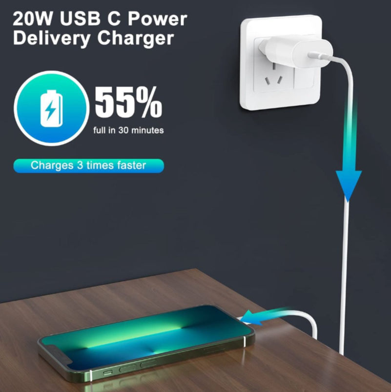 20W PD Fast Charger For iPhone with USB-C to Lightning Cable