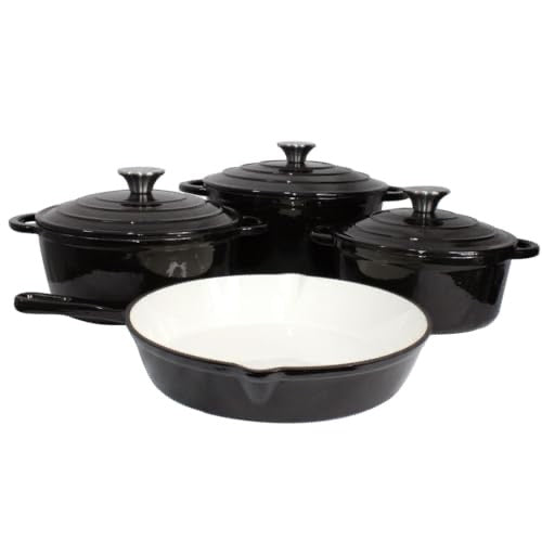 Set of black cookware with lids on a white background
