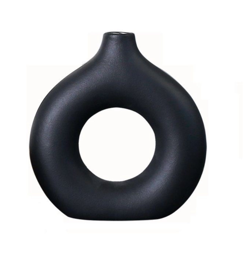 Ceramic Hollow Donut Vase For Modern Home Decor Black or White - 1 Piece - (16.5x4.5x17.5cm)