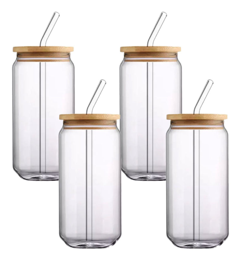 Drinking Glasses with Bamboo Lids and Glass Straw - 4 Piece