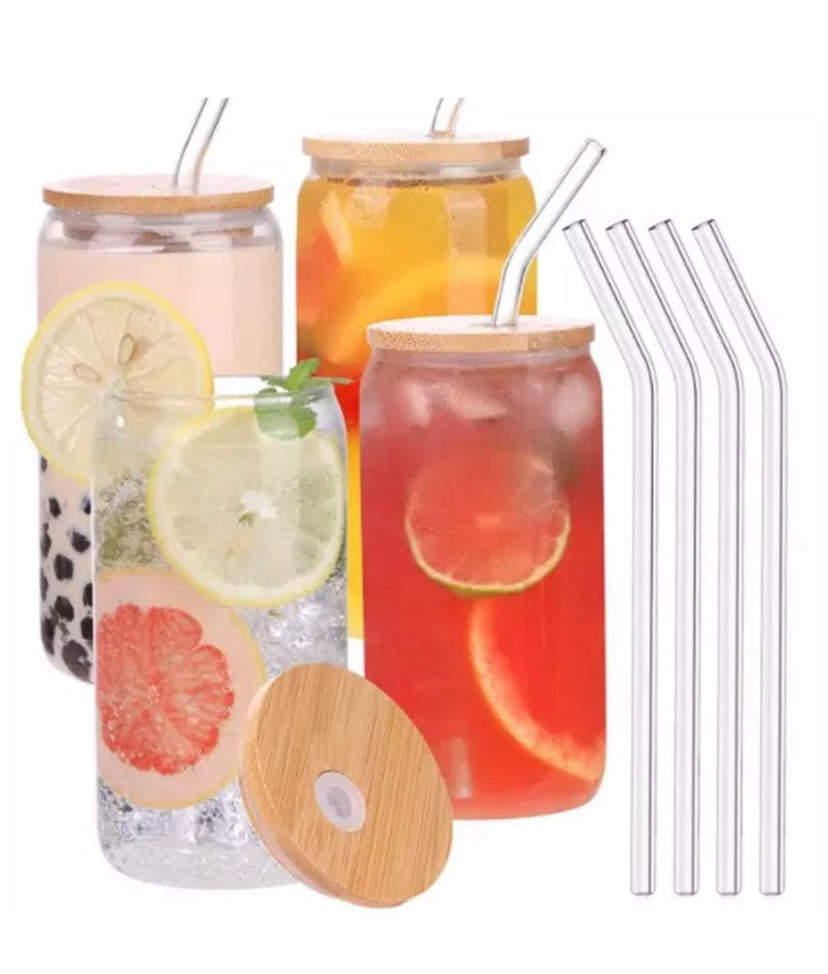 Drinking Glasses with Bamboo Lids and Glass Straw - 4 Piece