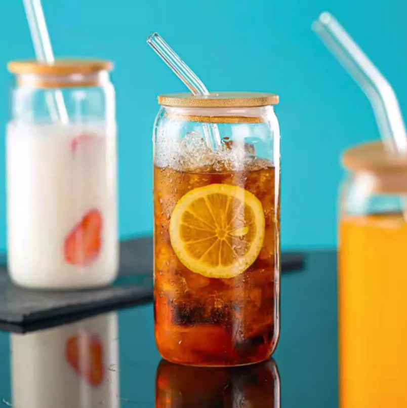 Drinking Glasses with Bamboo Lids and Glass Straw - 4 Piece