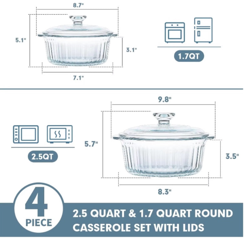 Set of 2 Casseroles with Glass Lids Round Casserole Baking Dish 1.7L