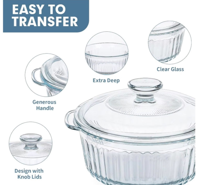 Set of 2 Casseroles with Glass Lids Round Casserole Baking Dish 1.7L