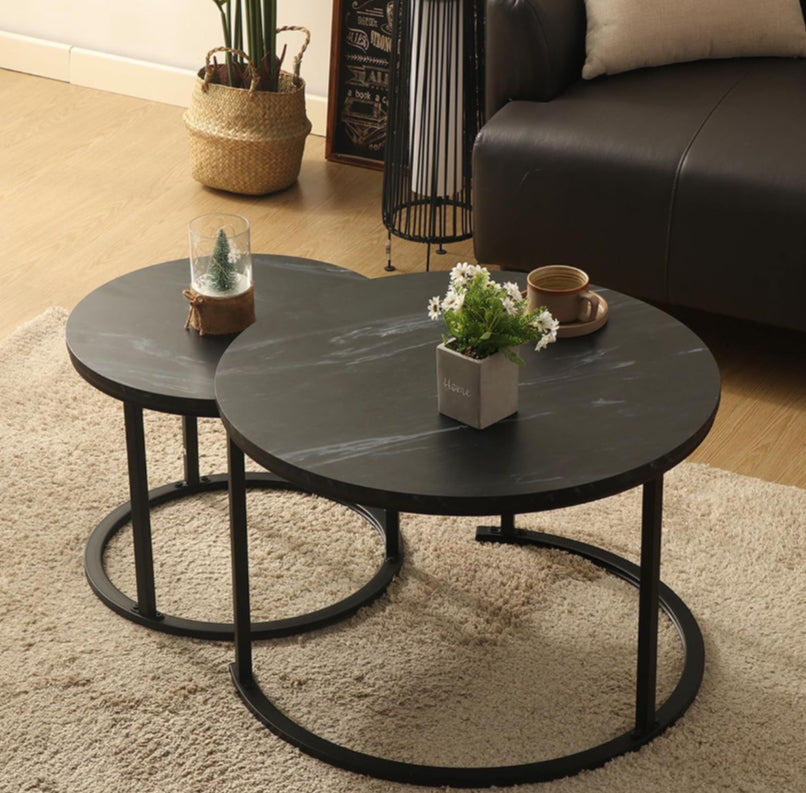 Indus Nesting Coffee Tables - Marble Grey (2-Piece) - Marble Black