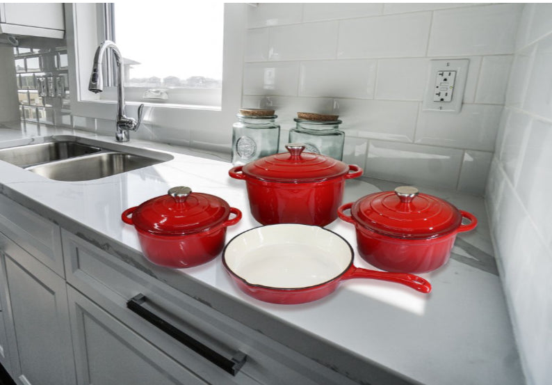 7 Piece Authentic Cast Iron Dutch Oven Cookware Pot Set - Red