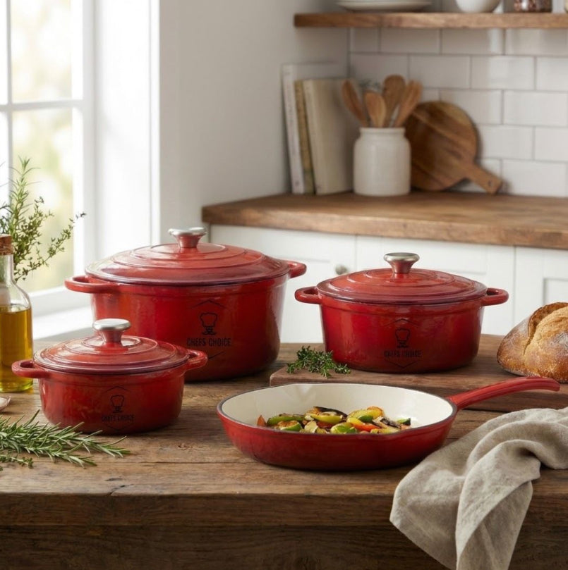 7 Piece Authentic Cast Iron Dutch Oven Cookware Pot Set - Red
