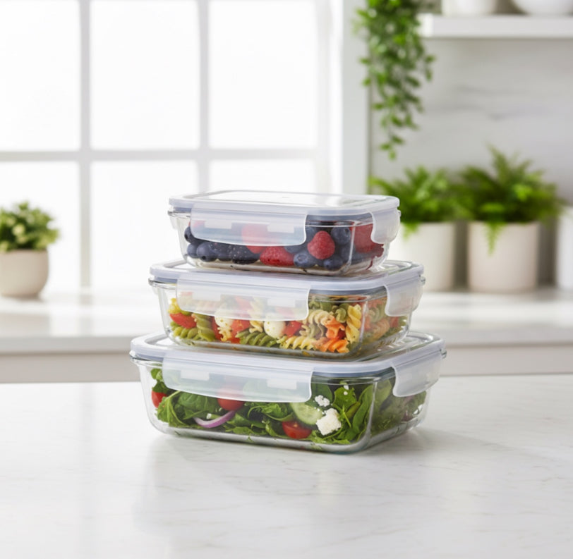 3 Piece Locking Snap Lid Glass Container