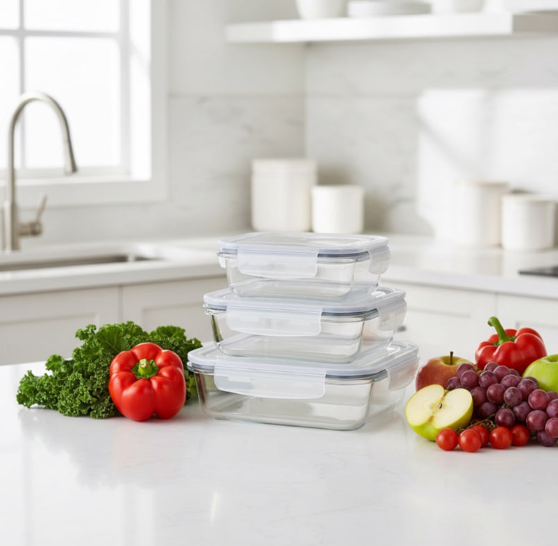 3 Piece Locking Snap Lid Glass Container